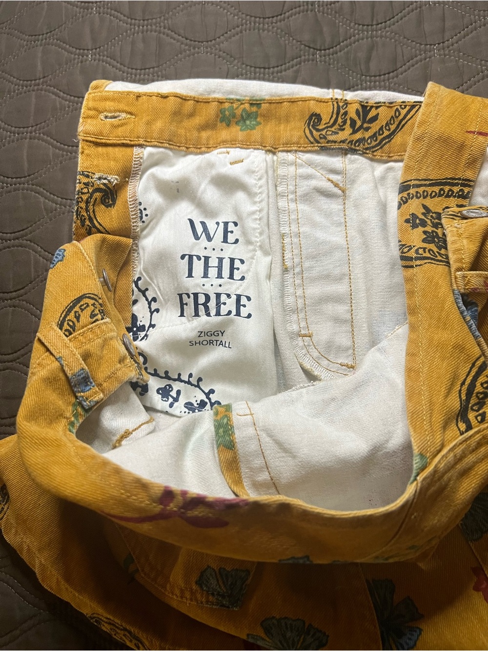 We The Free Mustard Yellow Floral Paisley Short Overalls - Picture 7 of 8